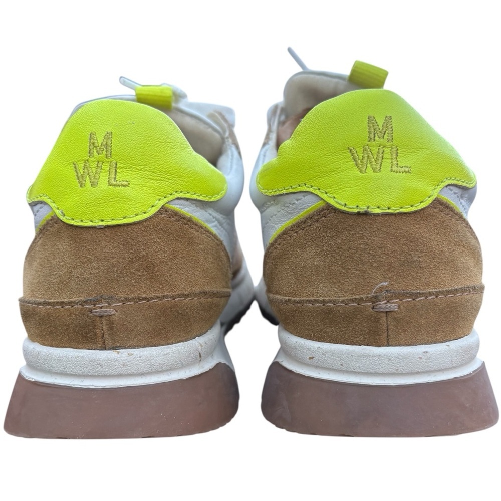 New Madewell Womans Sneakers Leather 7.5 White Tan Neon Yellow Kickoff Trainers - Picture 5 of 12